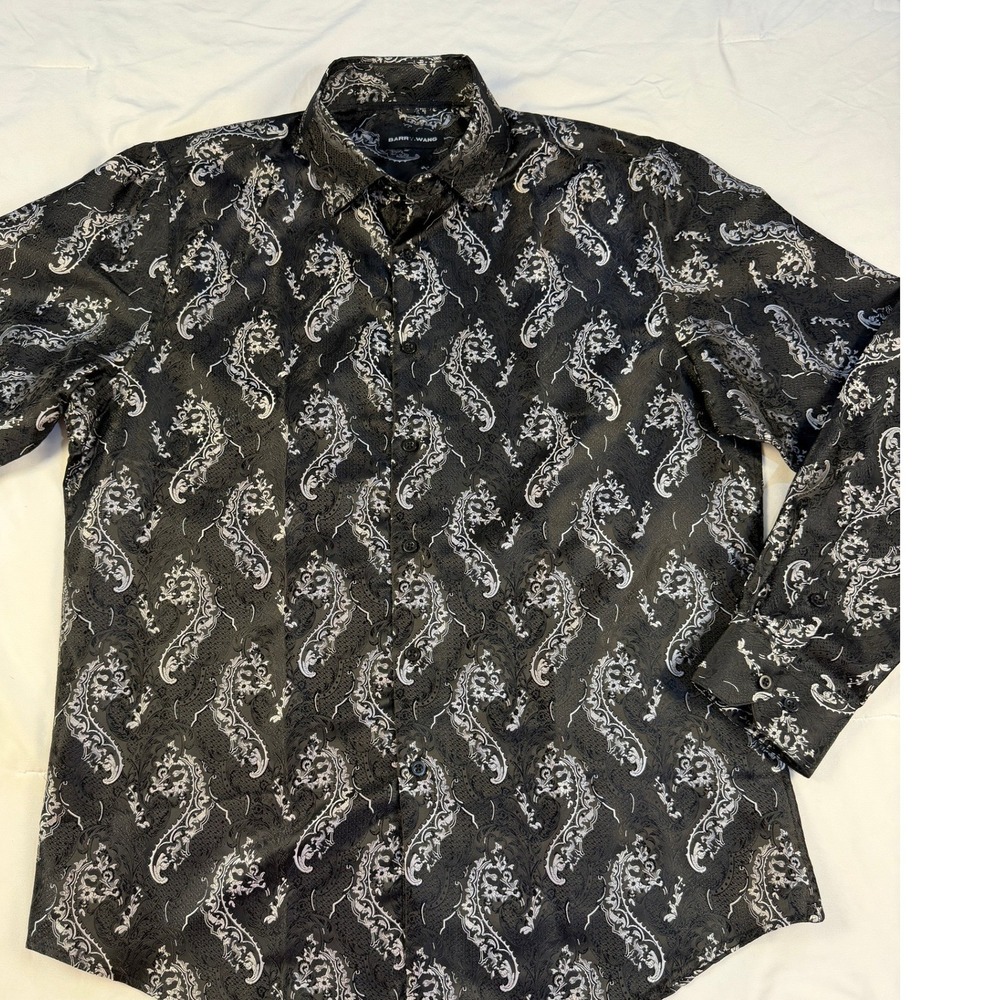 Barry Wang Mens Black Silver Paisley Jacquard Silk Like Button Down Shirt Large